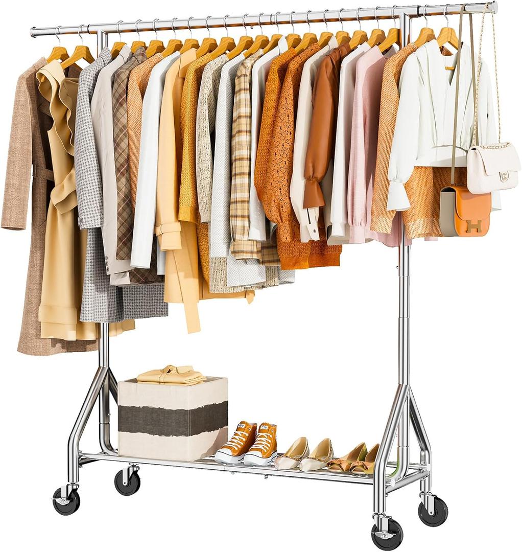 Heavy Duty Clothes Rack Load 450 LBS, Metal Garment Rack, Standing Rolling Clothing Rack for Hanging Clothes with Sturdy Wheels & Shelves, Portable Closet Wardrobe Rack,Sliver (Sliver)