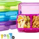 4 Pack Plastic Snack Containers with Lids, 2 Compartment Food Container for Kids Snack Box, Travel Bento Lunch Containers with forks for Fruits/Candies, Divided Food Storage Containers for School (Colorful)