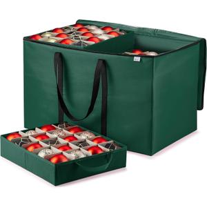 ZOBER Christmas Ornament Storage Box - Stores 200 3" Ornaments with Individual Trays - Tear Proof 600D Oxford Fabric - ornament organizer storage box, Durable Christmas Containers Holder - Green