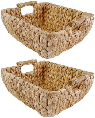 Pixoframe Small Rectangular Handwoven Wicker Basket - Water Hyacinth Storage Baskets with 2 Polished Wooden Handles for Store Hand Towel, Fruits & Veggies etc – 12.25"x7"x4.75" - Pack of 2 - Natural