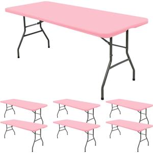 6 Pack Fitted Tablecloth for 8 Foot Rectangle Tables, Pink Elastic Outdoor Picnic Table Cover, Washable Stretch Folding Table Cloths 8 ft for Camping Party Patio Kitchen Banquet, 30" W x 96" L