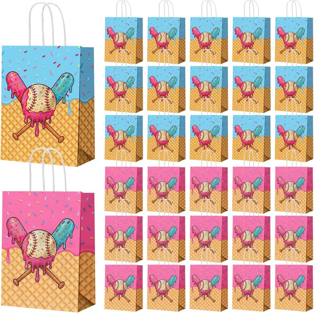 Leinuosen 30 Pcs Ice Cream Drip Baseball Party Bags Gift Goodie Favor Treat Candy Goody Bags with Handle for Sports Theme Birthday Party Supplies