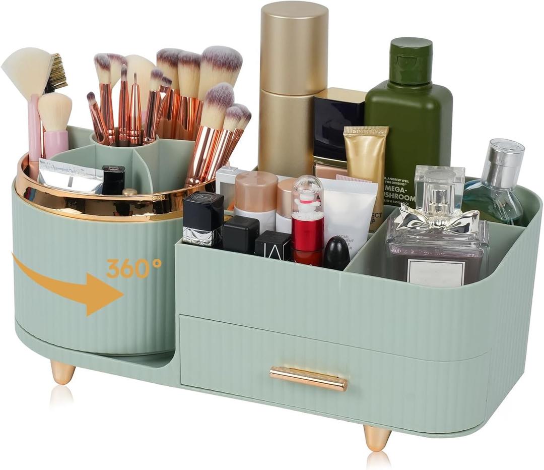Makeup Organizer Countertop with Drawer 360 Rotating Brush Holder Storage Large Capacity Skincare Cosmetic Display Cases for Vanity Bathroom Desktop, Model 3016 Green