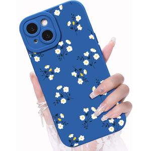 Compatible with iPhone 13 Phone Case, Fashion Flower Pattern Design Girls Women Liquid Silicone Cover, Slim Shockproof and Scratch-Resistant Soft Case for iPhone 13- Blue