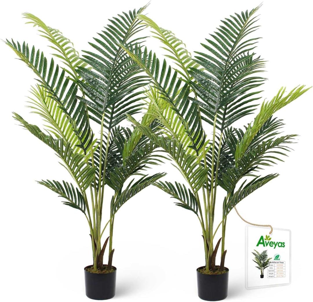 Aveyas 5ft Artificial Palm Tree for Home Decor, 5 Feet Faux Plant Fake Silk Tropical Kentia Areca Trees with Pot for Indoor Outdoor House Living Room Office Porch Garden (5 ft Tall) - Set of 2 Pack (Palm Tree - 2 Pack (5ft))