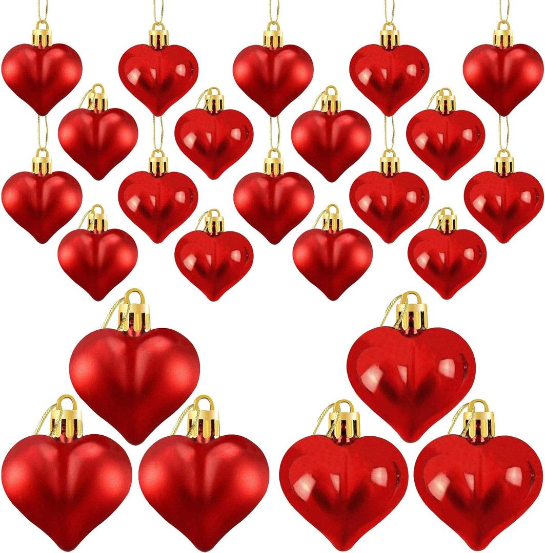 24 Pieces Valentine's Day Heart Shaped Ornaments, Glossy and Matt Heart Baubles Hanging Decorations for Valentine's Day Wedding Anniversary Home Party Decor (Red)