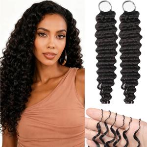 Miracle Knots Hair, Feather Crochet Human Hair, Deep Wave Bundles for Black Women Pre-Separated Feather Human Hair Crochet Wavy Invisible Crochet Hair Extensions Natural Black, 18 Inch-100g