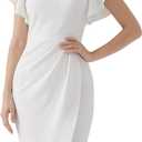 Women Wear to Work Dress Ruffle Ruched Church Bodycon Short Sleeve V- Neck Cocktail Sheath Midi Dresses (Small, Solid White)
