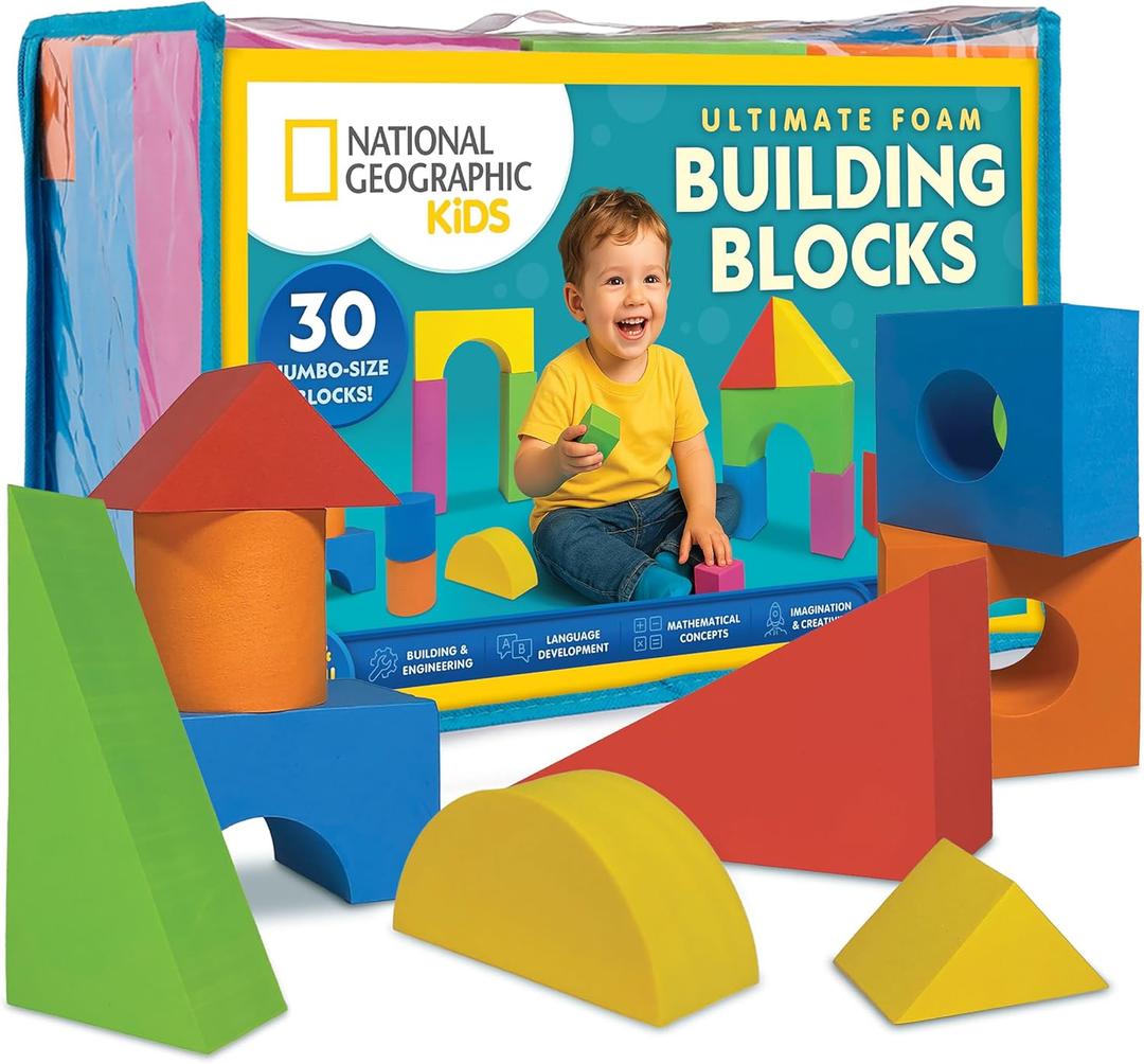 National Geographic Kids Jumbo Foam Blocks 30-Piece Foam Building Blocks for Toddlers & Preschoolers, Soft Stackable Blocks with Storage Bag, Early Learning & Sensory Building Toy