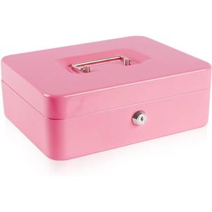 KYODOLED Large Metal Cash Box with Money Tray and Lock,Money Box with Cash Tray,Cash Drawer,9.84"x 7.87"x 3.54" Pink Large