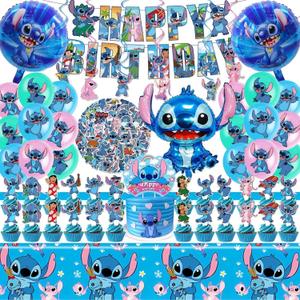 Stitch Party Supplies, 102 PCS Birthday Decorations Set Include Banner, Balloons, Stickers, Hanging Swirls, Cake Cupcake Toppers, Tablecloth for Boys Girls Stitch Theme Party
