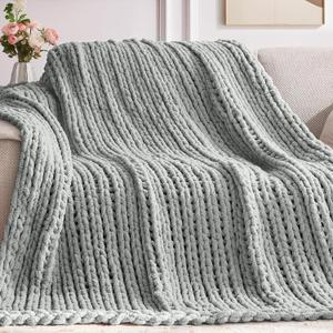 Negwoo Chunky Knit Throw Blanket, 40''*50'' Knitted Throw Chenille Yarn for Bed Couch, Handmade Light Grey Crochet Big Thick Blanket, Machine Washable Cute Comfy Blanket for Home Decor