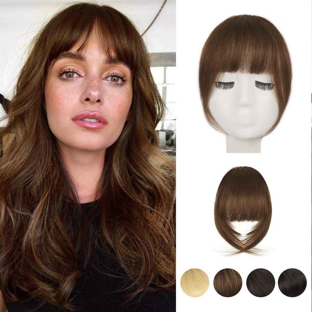 BARSDAR Human Hair Clip in Bangs - 100% Real Hair Extensions for Women - Medium Brown French Fringe With Temples Hairpieces (French Bangs)