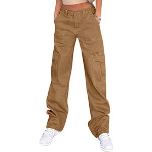 Lepunuo Cargo Pants for Women High Waisted Casual Pants Baggy Stretchy Wide Leg Y2K Streetwear with 6 Pockets (Small, Brown)