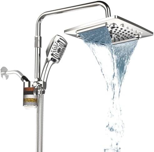 JINGZE Filtered Rainfall Shower Head with Handheld Spray Combo – Dual Showerhead Set with Replaceable Filter, 5 Spray Modes, 59″ Hose Adjustable Extension Arm, Chrome