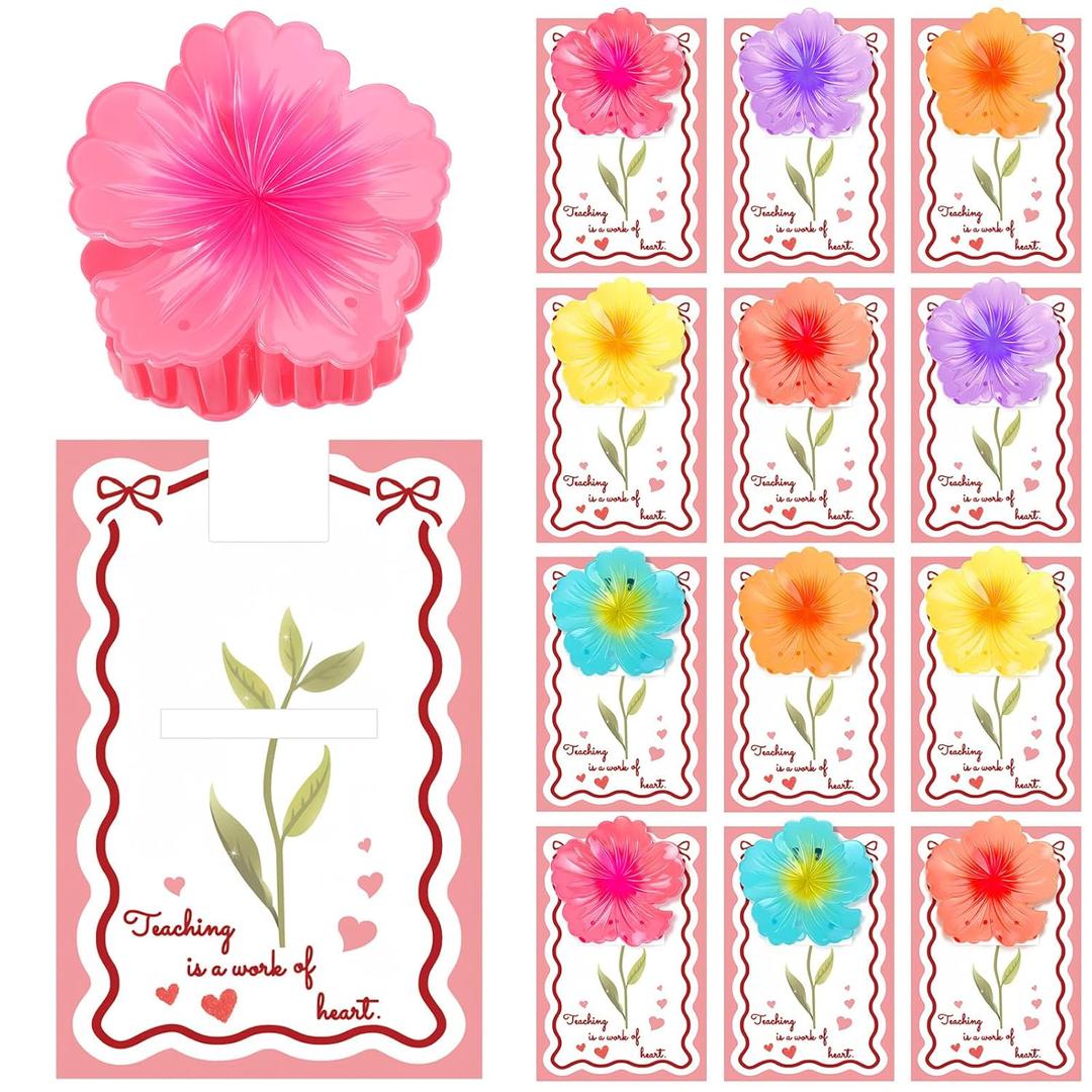 Zeyune 24 Pcs/12 Set Graduation Teacher Gifts Bulk Teaching Is a Work of Heart Set Flower Hair Clips with Appreciation Cards for Women Thank You Gifts for Teacher Appreciation Party Favors