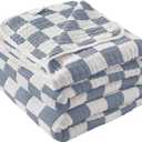 NIDITW Navy Blue Checkered Muslin Throw Blanket for Adult Breathable 6-Layer 100% Cotton Blanket 50x60 Inches Soft Lightweight Cooling Gauze Throw All Season for Bed Sofa (Navy Blue, Throw)