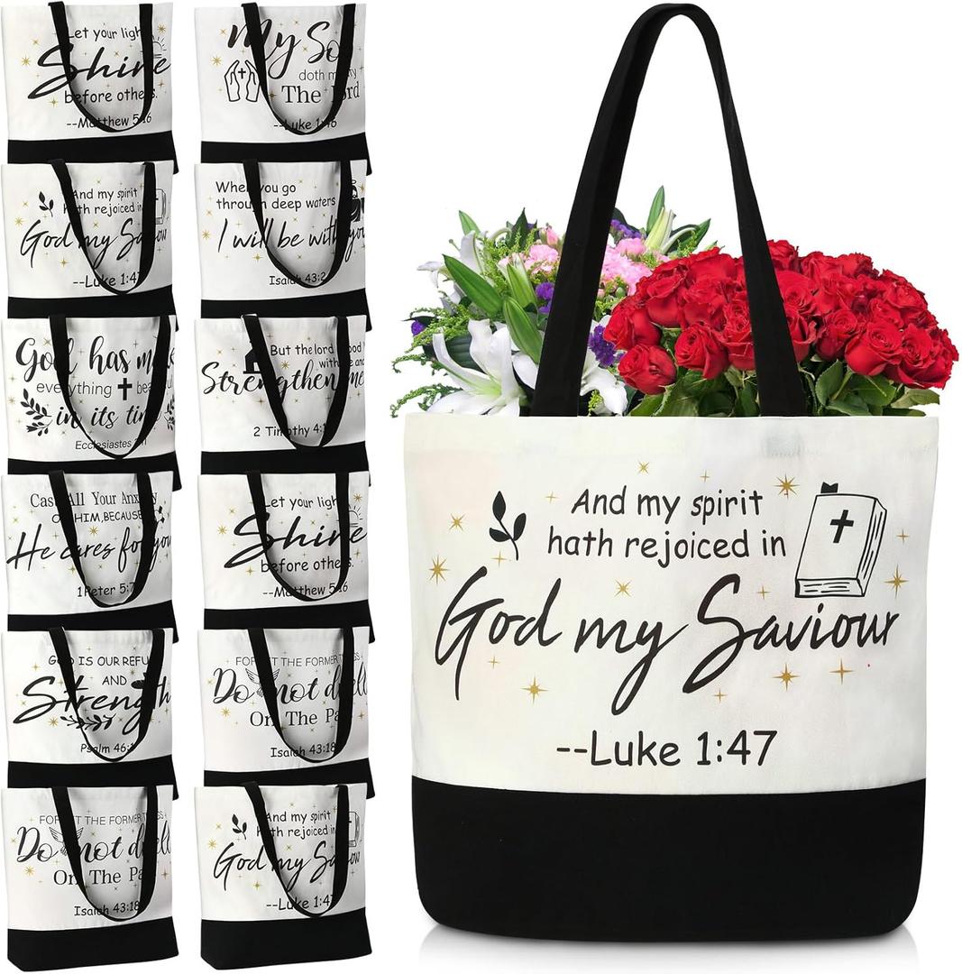 10 Pcs Christian Gift Bible Tote Bags for Women Religious Bible Reusable Canvas Tote Bag for Valentine Gift (Classic)