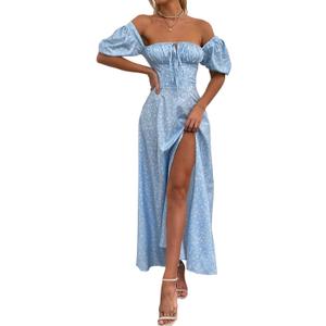 Women's Summer Puff Sleeve Floral Split Maxi Dress Flowy A Line Casual Beach Long Dresses-Sky Blue-XXL