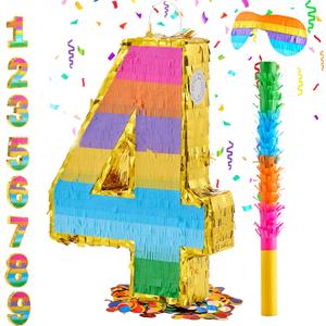 Rainbow Number 4 Pinata for 4th Birthday Party Decorations, Birthday Pinata with Stick Blindfold and Confetti, Kids Anniversary Celebration, Fiesta (Small, 16.5 x 11.5 x 3 In)