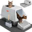 Stainless Steel Cat Litter Box, 4-in-1 Cat Metal Litter Box Set, Extra Large Top Entry Litter Box Enclosed, with Litter Mat, Litter Scoop, Light Grey (gray)