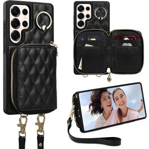 Keallce Case for Samsung Galaxy S25 Ultra 6.9'' Wallet Case,Crossbody Zipper Galaxy S25 Ultra Purse Wrist Strap Lanyard Handbag,RFID Blocking Card Slots,Flip Leather Cover for Samsung S25 Ultra,Black