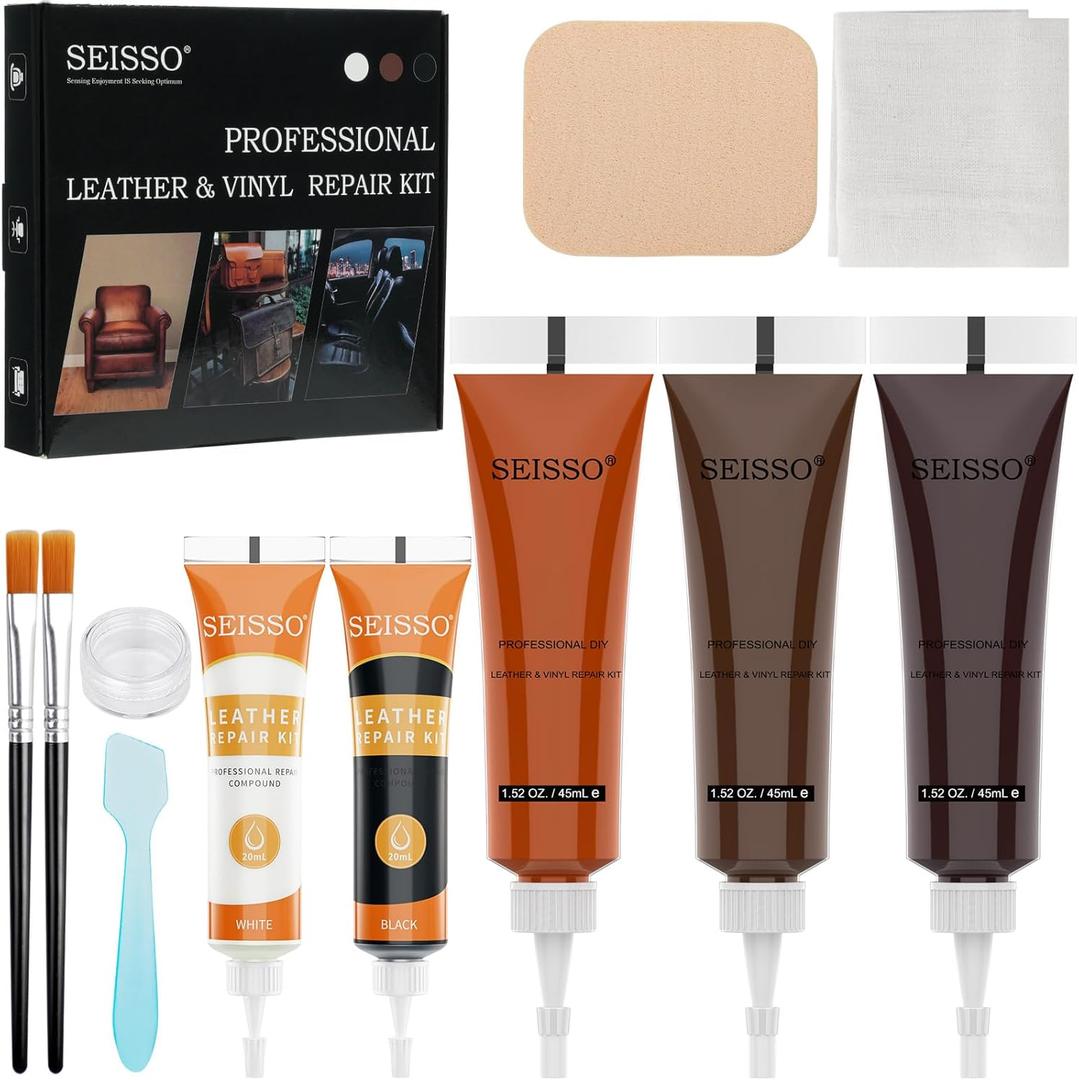 SEISSO Leather Repair Kit for Furniture, Brown Leather and Vinyl Repair for Couch, Boat Seat, Car Interior, Jacket, Purse, Fix Tears Burn Holes Scratches, Restore Pleather, Bonded, Italian, Genuine