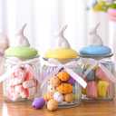 Potchen 3 Pcs Easter Candy Jars with Cap 7.8 oz Bunny Rabbit Shape Clear Candy Jar Decorative Food Storage Canister with Airtight Ceramic Lid for Home Easter Party Kitchen Countertop Decor
