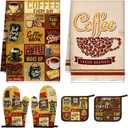 Bencailor 6 Pcs Kitchen Decor Pot Holders Oven Mitts 2 Dish Towels 2 Farmhouse Cooking Mittens Oven Glove 2 Potholder for Baking Cooking Grilling Supply Accessories(Dark Brown,Coffee Patterns)