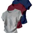 RoseSeek Girl's 3 Packs Short Sleeve Ruched T Shirt Crewneck Slim Fit Basic Tee Tops Summer Clothes Red Blue Grey 9 Years