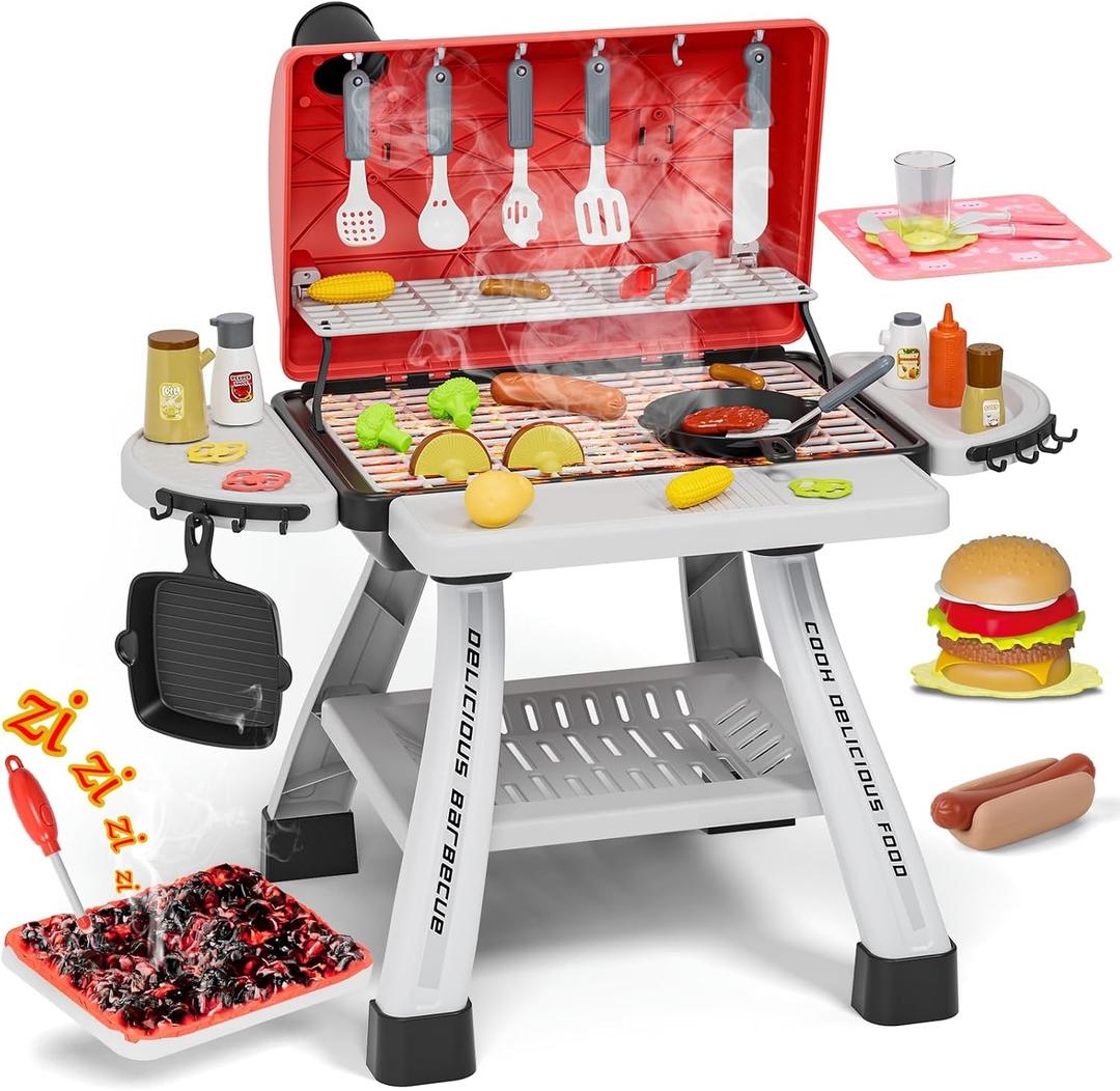 Kids Toys Kitchen Playset, BBQ Grill Playset with Smoke, Sound & Light, Toy Grill for Kids, Pretend Play Food Hamburger, Interactive Toys Barbecue Cooking Game for Toddlers Boys Girls 3-5 (Red&black)