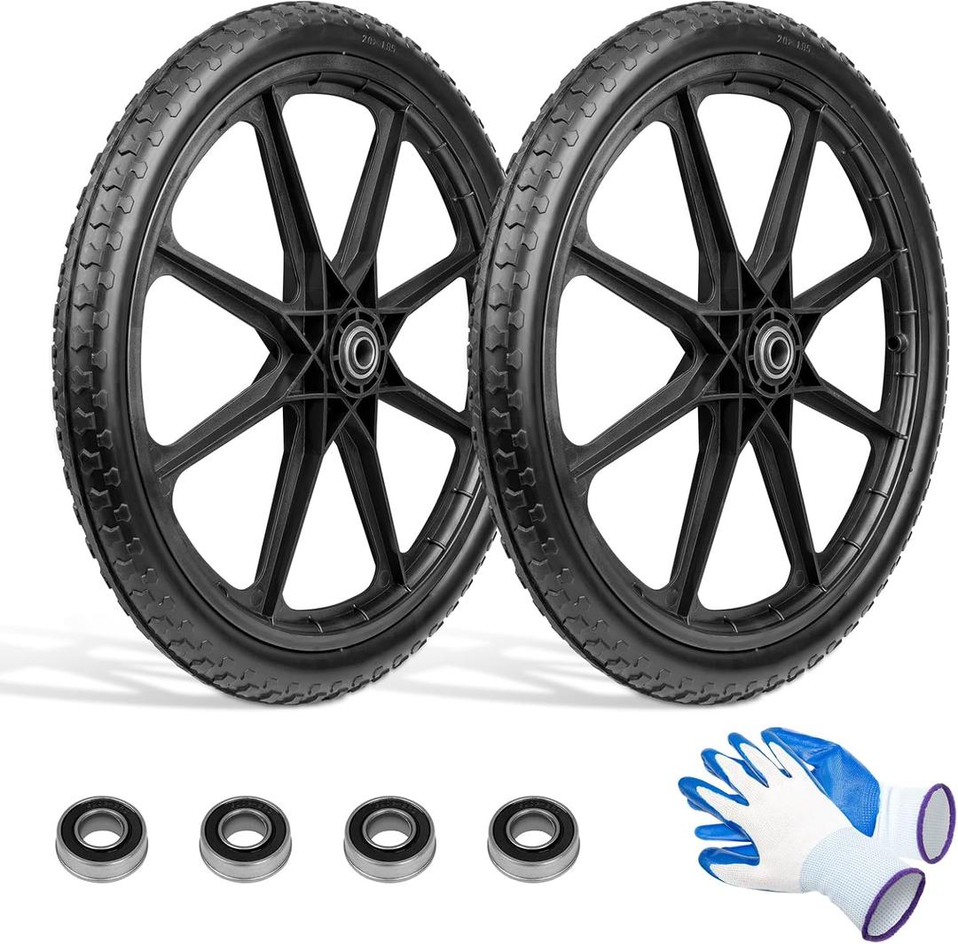 20" Wheelbarrow Wheels Fit for Rubbermaid, Flat Free Carts Tire for Wheelbarrow, Garden Trailers, Yard Trailers, Roofing Equipment, with 3/4" & 5/8" Bearing, 2-1/2" Centered Hub, 2 Pack
