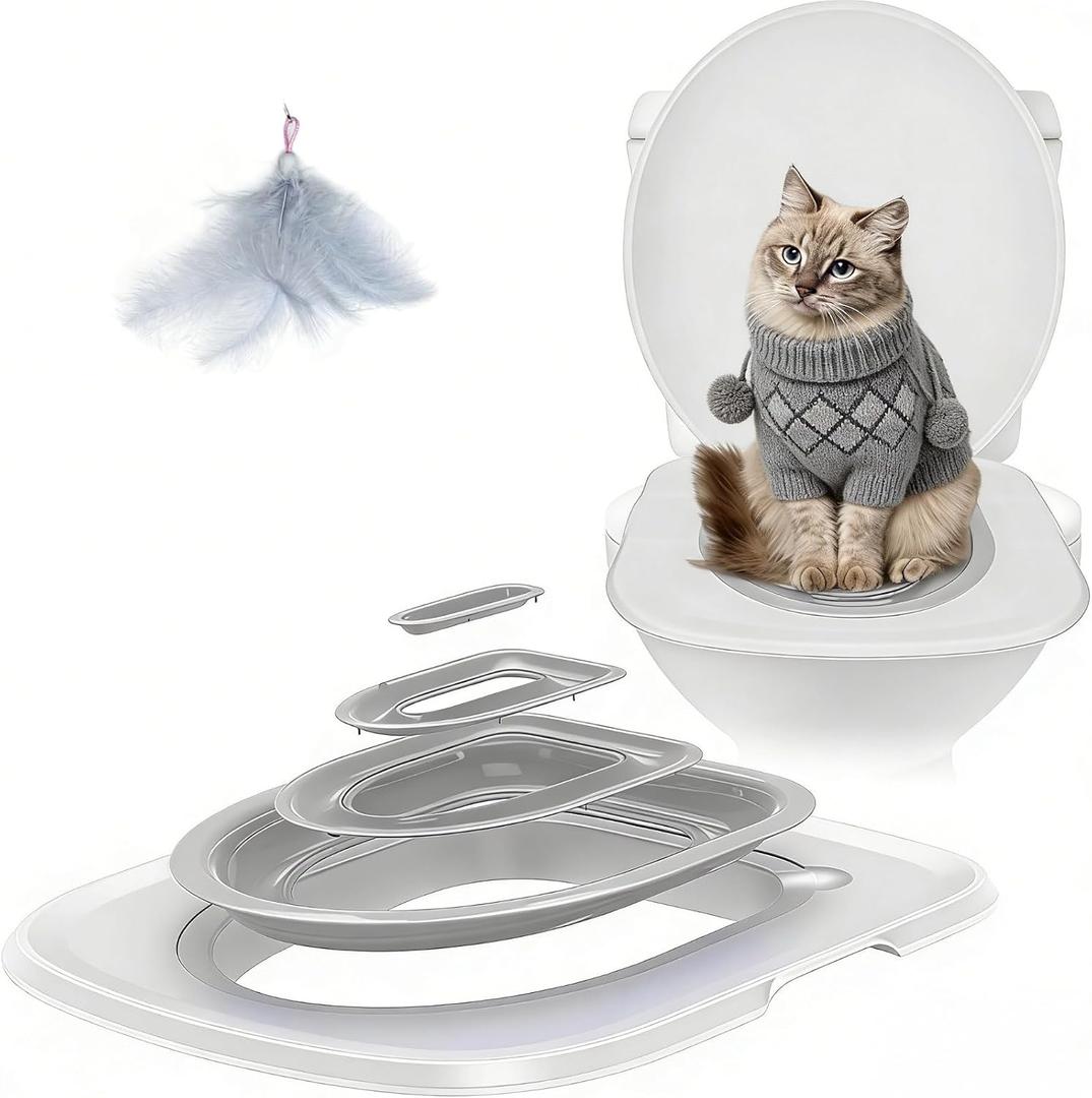Cat Toilet Training Kit, Reusable Plastic Litter Box Trainer with Replaceable Feather Toy for Indoor Cats (Gray), 12.8"L x 1.77"W x 14.7"H