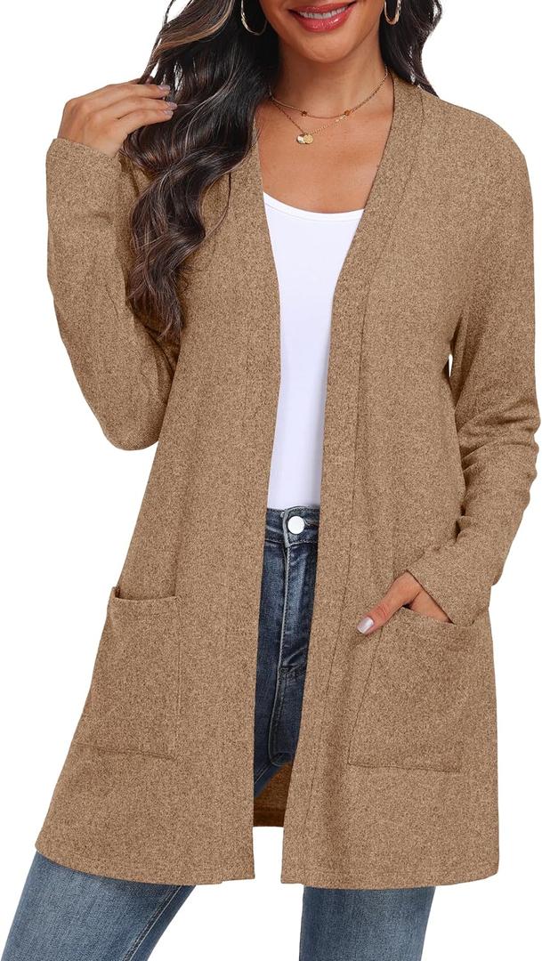 QIXING Women's Sweater Cardigan Open Front Lightweight Cardigan Long Sleeve Cardigans with Pockets (Brown) 4XL