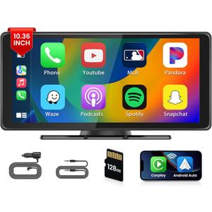 Wireless Car Play Portable Car Stereo with 128G TF Card, 10.36 Inch HD IPS Touchscreen Bluetooth Car Radio, Wireless Android Auto, Mirror Link, Car Audio Receiver, AUX