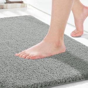 Yimobra Bathroom Rugs Mat, Extra Soft Comfortable Bath Rugs, Non-Slip, Water Absorbent and Thick Bathroom Floor Mats, Machine Washine, Shaggy Rugs for Shower Bathtubs, 24" x 17", Brown&White