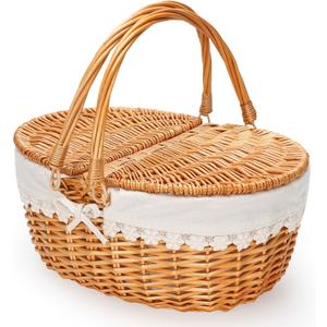Wicker Picnic Basket with Removable Liner, Empty Picnic Baskets with Lid, Vintage-Style Picnic Hamper with Folding Woven Handle for Picnic, Camping, Outdoor, Halloween, Thanks Giving, Birthday (Cream)
