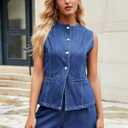 Denim Vest Women Jean Vest Tops Button Down Sleeveless Denim Tank Tops Crew Neck Summer Trendy Waistcoat with Pockets (Large, 01-blue)