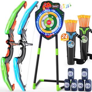 HYES 2 Pack Kids Bow and Arrow, LED Light Up Archery Set with 24 Suction Cup Arrows, Indoor Outdoor Sport Dinosaur Toys Gifts for 3 4 5 6 7 8 9 10 11 12 Year Old Boys Girls, 2 pack-led standing target