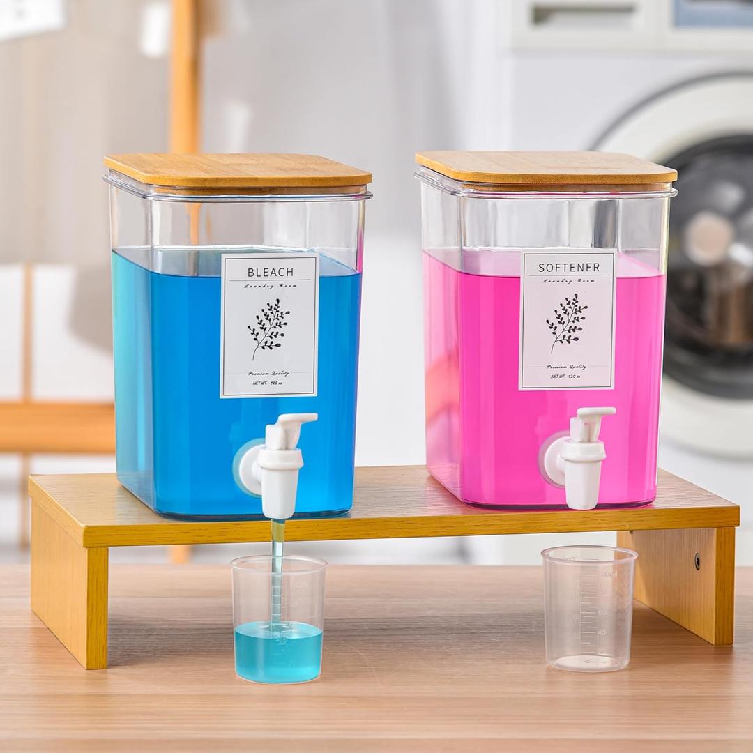 Liquid Laundry Detergent Dispenser Set with Shelf and Bamboo Lids for Laundry Room Organization and Storage - 2 Pack 90 oz Laundry Containers for Laundry Soap, Fabric Softener