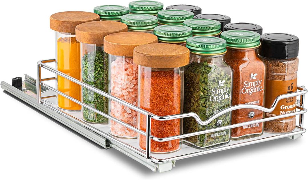 Pull Out Cabinet Organizer for Spices, Cans - Heavy Duty - Pull Out Spice Rack- Cabinet Pull Out Shelf for Cans,Dishes, Etc, 8-3/8"W x 10-3/8"D x 2-1/8H, Chrome (8 Inch - Single)