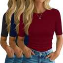 Riyiper 3 Pack Women's Elbow Length Tops, Half Sleeve Ribbed Cotton T Shirt Crew Neck Summer Tee Slim Fit Casual Blouses(Black, Navy Blue, Wine Red,Medium)