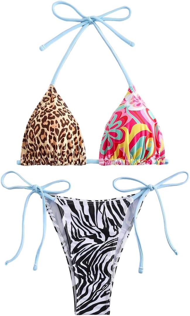 Verdusa Women's 2 Piece Boho Colorblock Halter Bikini Set Bow Tie Graphic High Cut Swimsuit (Brown Multi)