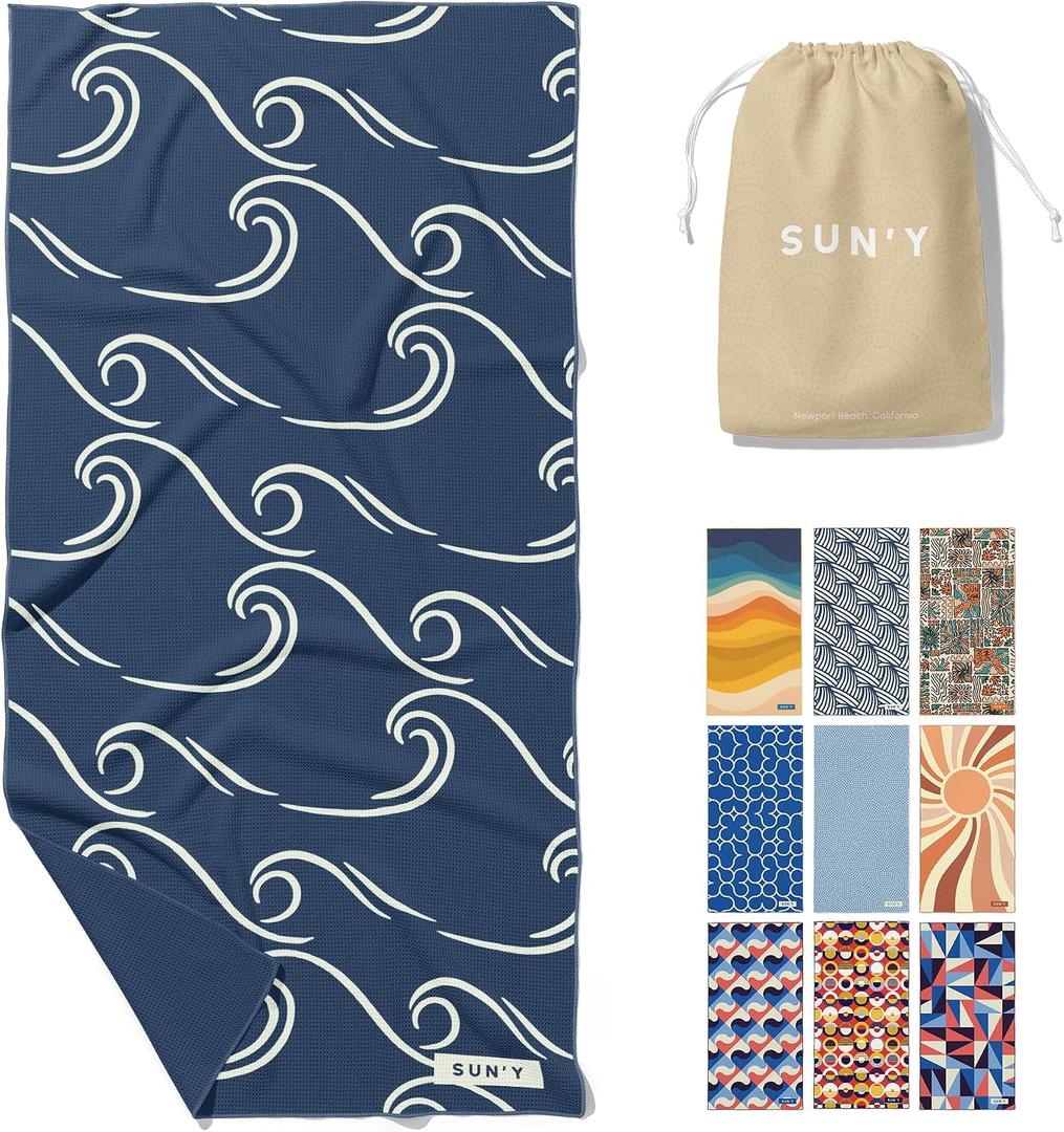 SUN'Y Waffle Microfiber Beach Towel Sand Free, Quick Dry, Ultra Absorbent, Lightweight & Compact Travel Towel with Carry Bag - Large (63 x 31.5), Curl