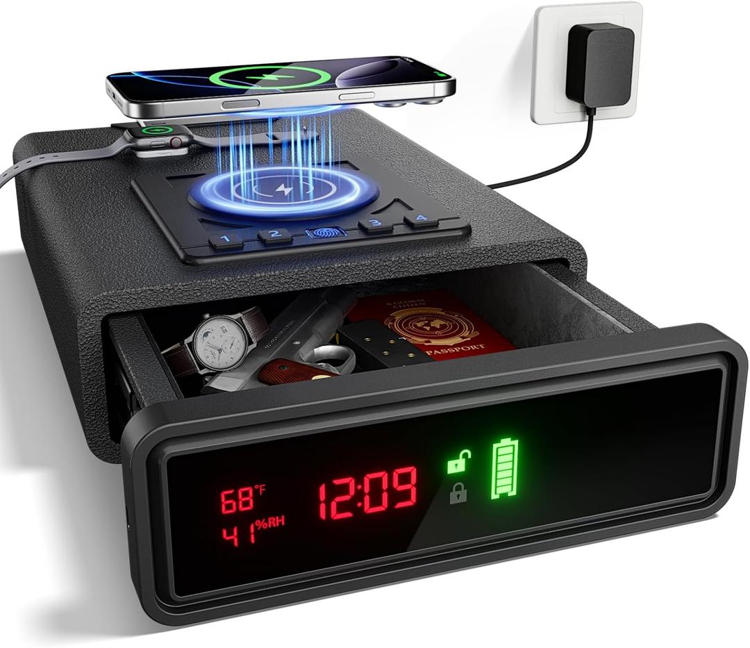 Biometric Smart Gun Safe with Wireless Charging for Phone&Watch, 3 Quick Access Money Box with Fingerprint Backlit Keypad - Compact Bedside Drawer Safe, 24/7 Digital Clock handgun safe (DEEP BLACK)