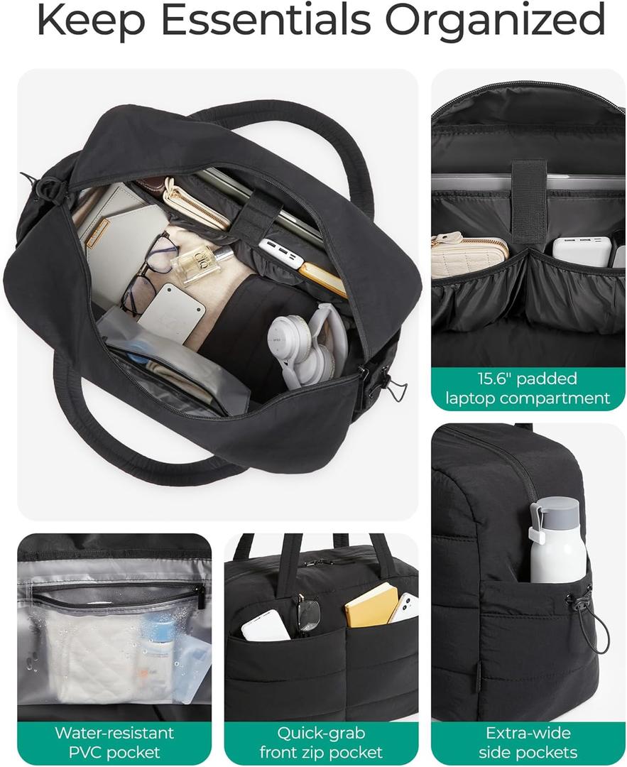 BAGSMART Gym Bag for Women, Lightweight Puffer Duffle Bag 2-PC Travel Bag, 31L Weekender Overnight Bag Quilted Carry On Tote Bag, Diaper Hospital Dance bag for Travel, Gym, Water Resistant, Black