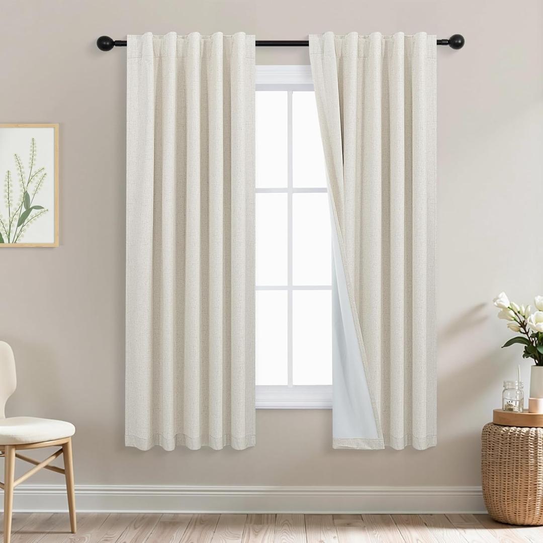 Mrs.Naturall Beige 42x45 Inches Long Back Tab Rod Pocket Linen Blackout Curtains