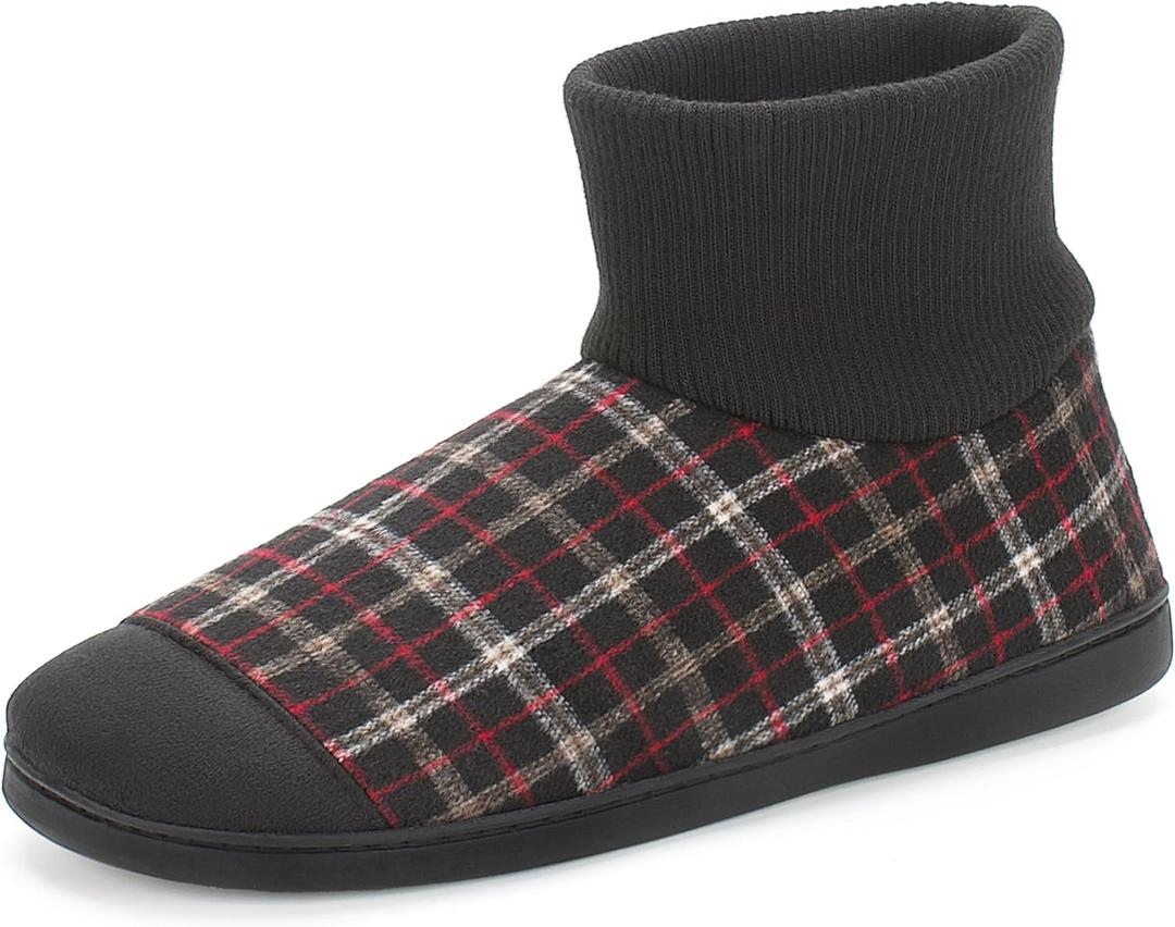 Cozylook Men's Slippers with Knitted Cuff Cozy Memory Foam Non-slip Indoor Outdoor Slipper Socks with Rubber Sole Red/Black Checkered Size 8-9