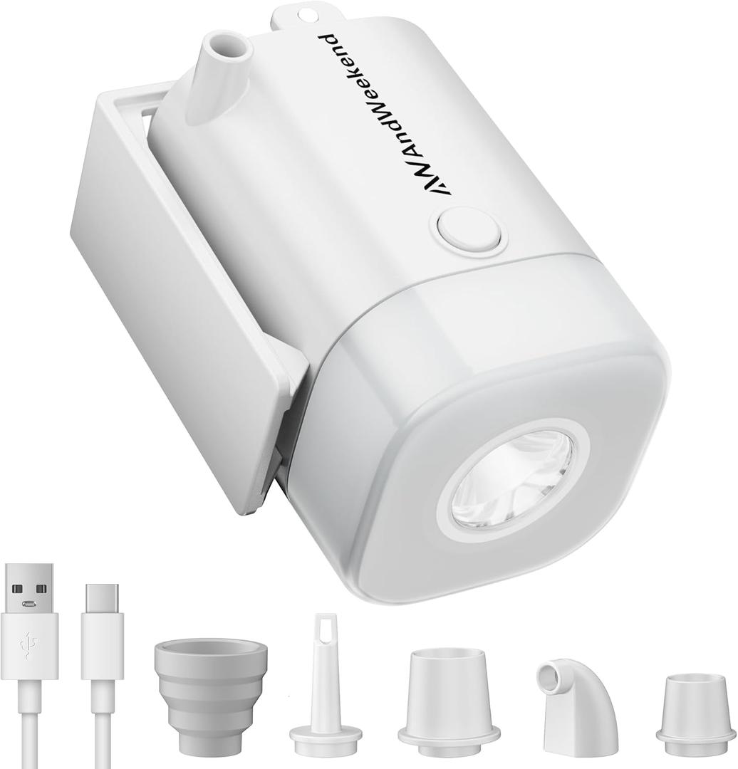 THE WEEKEND Portable Air Pump for Camping and Travel  Fast Inflate & Deflate with Built-in LED Lantern, Perfect for Air Mattresses, Pool Floats & Sleeping Pads (White)