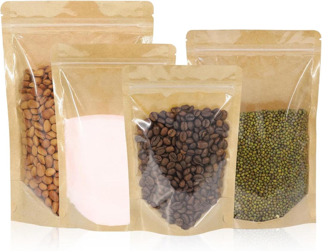 100 Pcs Stand Up Kraft Bags With Window Clear Resealable Food Storage (Kraft, 6.39.45 inch)